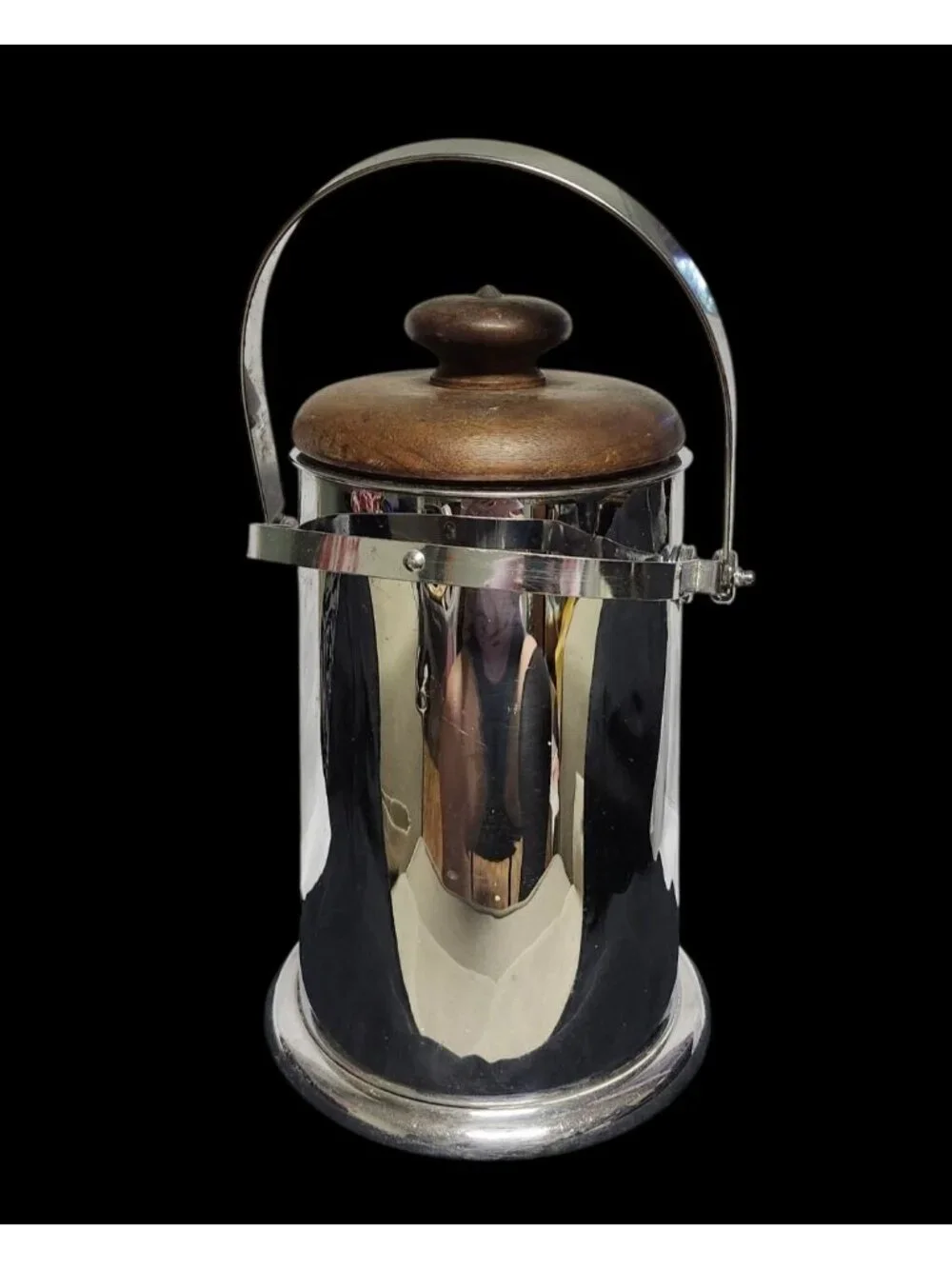 Vintage Manning-Bowman Art Deco Chrome Ice Bucket  Walnut Lid Rare Double Handle